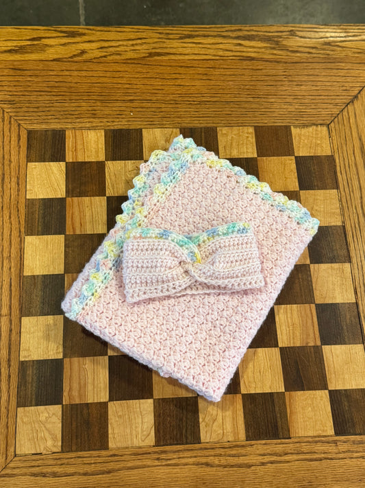 Newborn Crocheted Blanket Set Pink/multi color boarder
